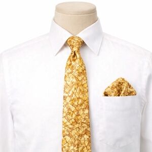 Take 6 by Kashani 100% Silk Tie Set - Gold Brown Geometric Retro Wedding